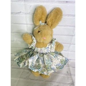 VTG TL Toys Bunny Rabbit Floral Dress Bow Plush Stuffed Animal Toy Tan Brown